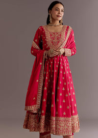 Red Chinon Zari Sequin Anarkali Suit With Dupatta