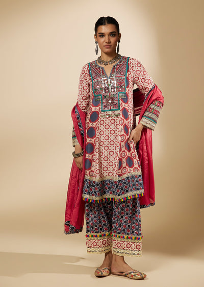 Red Cotton Printed Anarkali Suit With Embellished Yoke And Farshi Pant
