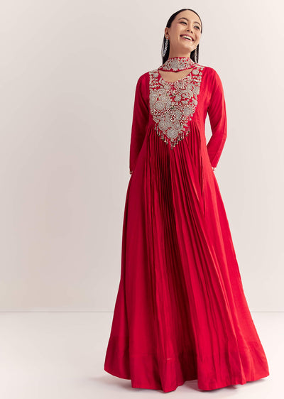 Red Dola Silk Anarkali With Silver Zardosi And Choker Dupatta