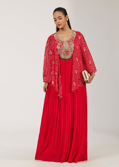 Red Dola Silk Embroidered Anarkali With Bandhani Printed Flared Sleeves