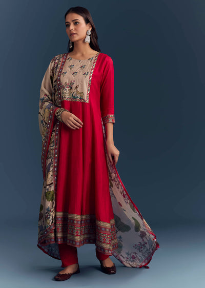 Red Dola Silk Printed Anarkali Suit With Intricate Hand Embroidery