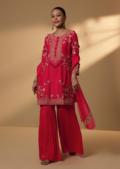 Red Dola Silk Sharara Set With Zari Moti Embroidery