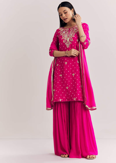 Pink Dola Silk Sharara Suit With Embroidered Print