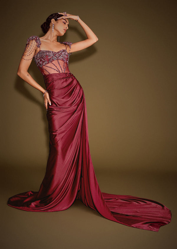 Buy Red Embroidered Corset Gown With Attached Tassel Cape| KALKI Fashion USA