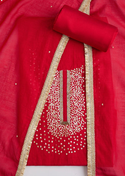 Red Embroidered Cotton Unstitched Suit Set With Dupatta