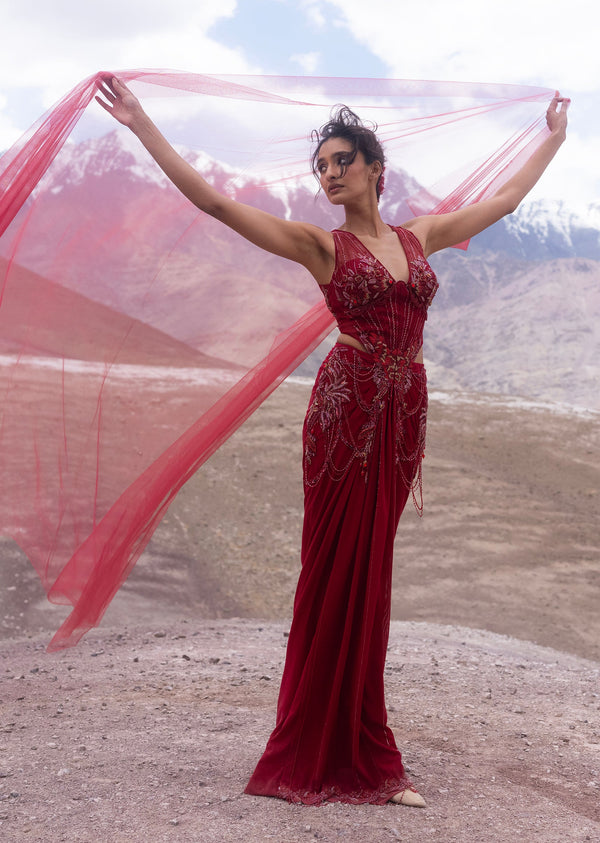 Red Embroidered Keyhole Gown With Tassel Detailing