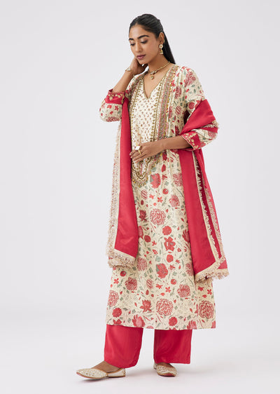 Red Floral Print Anarkali Suit Set With Cut Dana And Sequin Embroidery