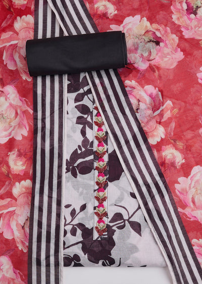 Red Floral Printed Cotton Unstitched Suit Set With Dupatta