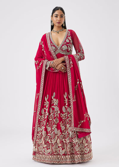 Red Georgette Floor Length Anarkali With Embellished Motifs
