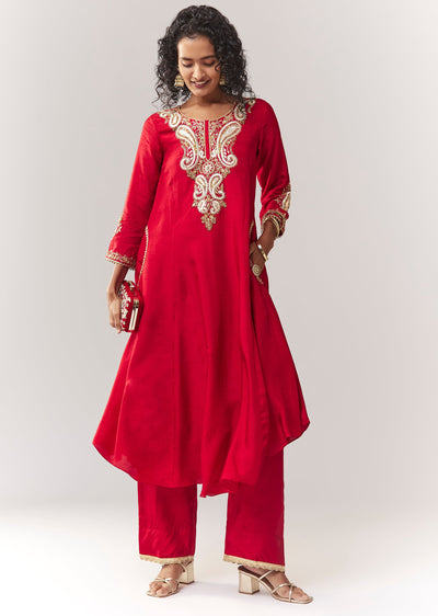 Red Gotta And Sequin Work Anarkali With Pant