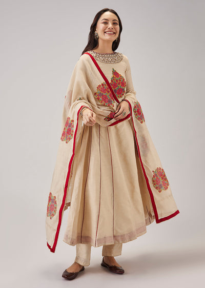 Red Hand Block Print Anarkali And Dupatta