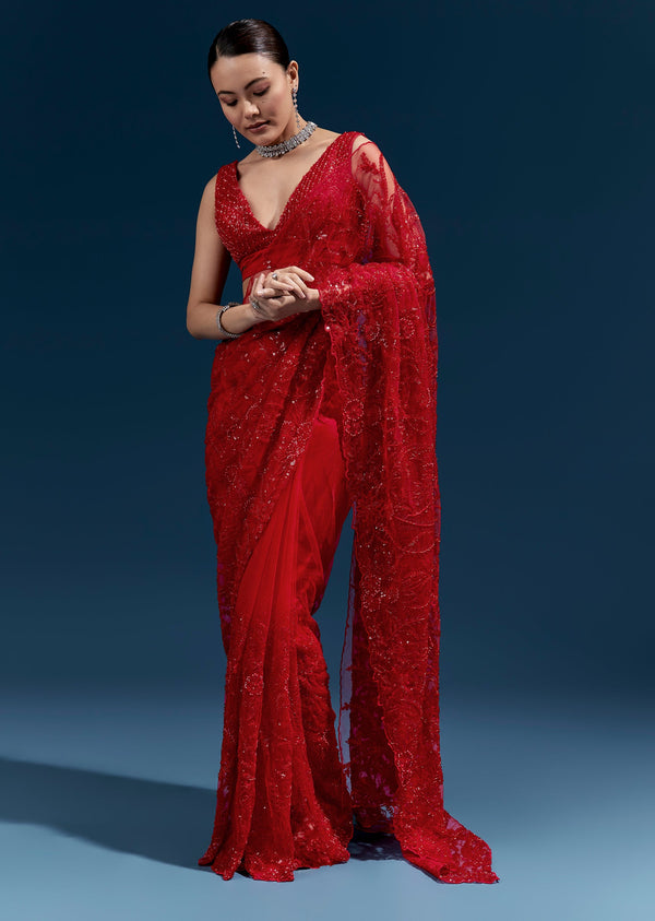 Red Heavy Embroidered Net Saree With Cutwork Border And All Over Floral Jaal