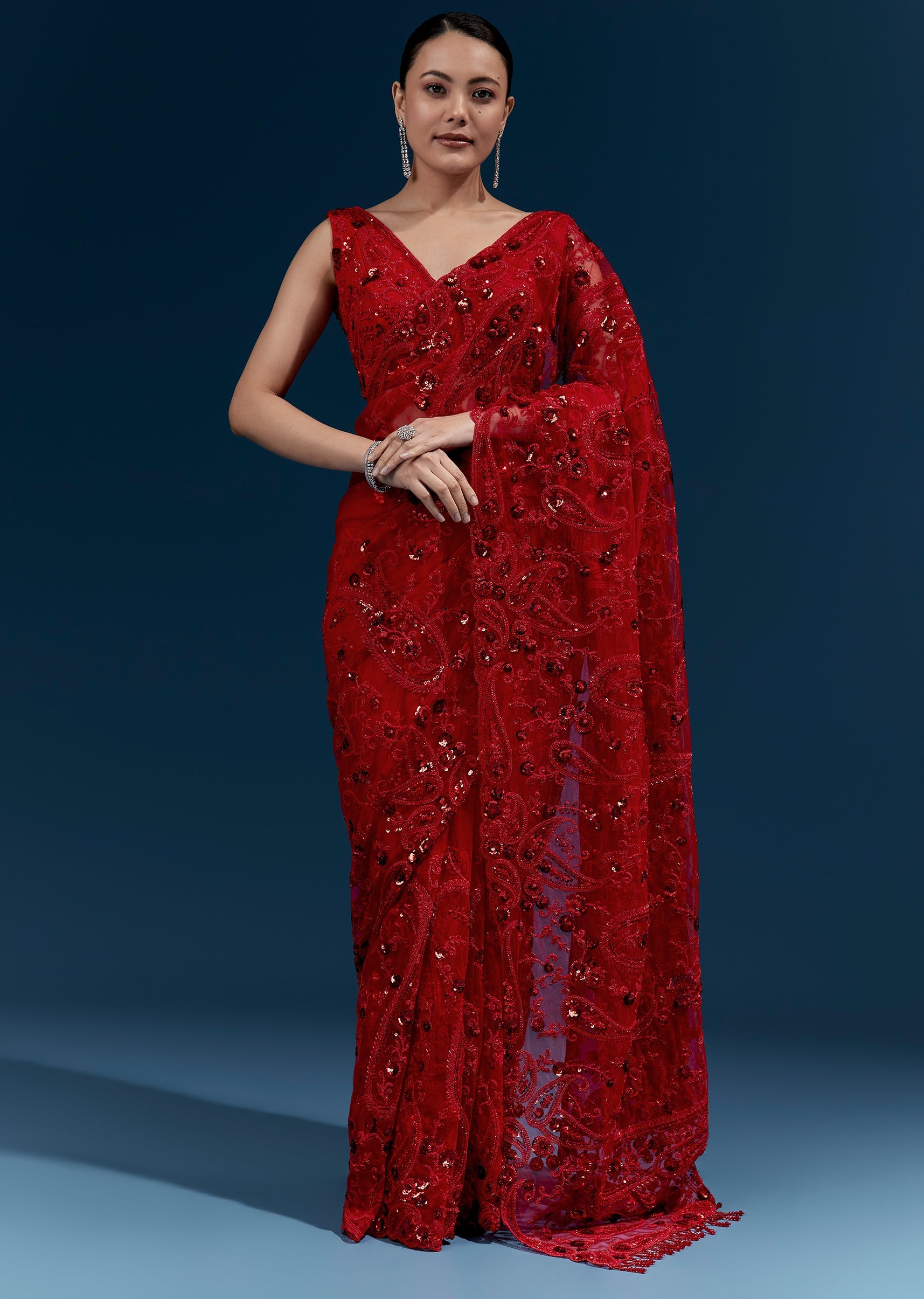 Red Heavy Embroidered Net Saree With Floral Work And Tasselled Pallu