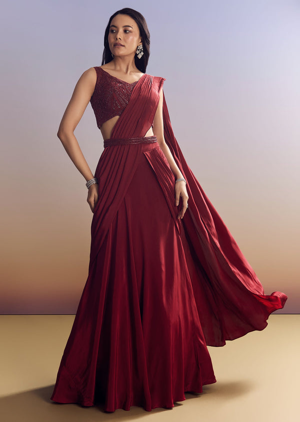 Red Lehenga Set With Cut Dana Blouse And Net Dupatta