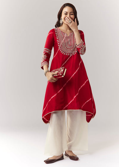 Red Leheriya A Line Kurta Palazzo Set With Zardosi And Moti Work