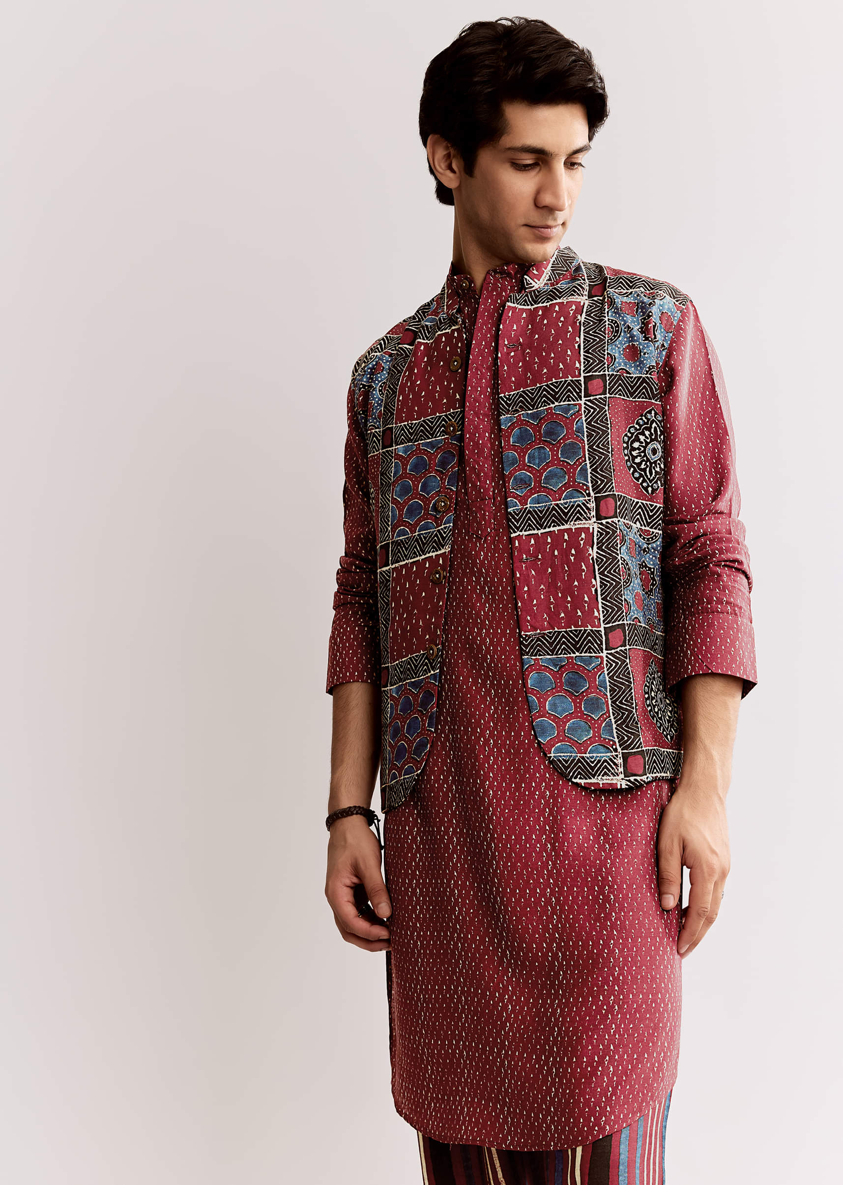 Red Linen Kurta Jacket Set With Ajrakh Print