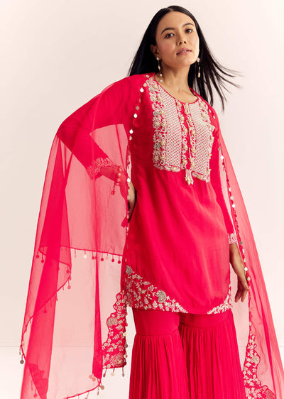 Red Moti Threadwork Dola Silk Sharara Suit With Organza Dupatta