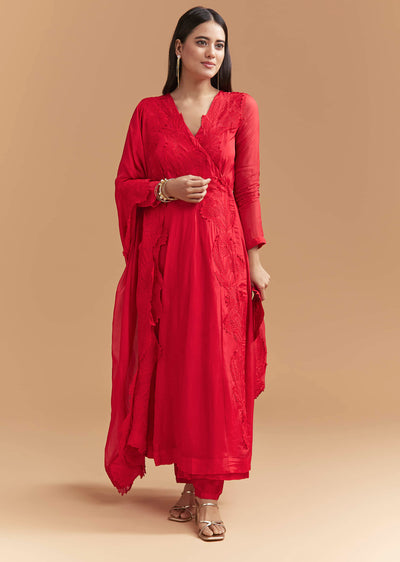 Red Organza Anarkali Suit With Intricate Resham Work