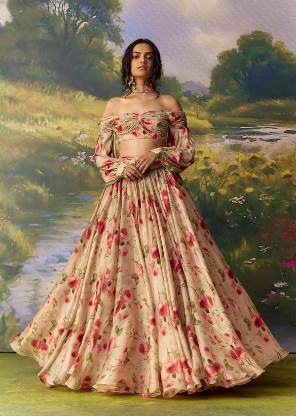 Buy Red Organza Bridesmaid Lehenga Set with Fancy Sleeves