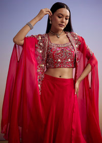 Red Organza Crop Top And Skirt Set With Embroidered Cape