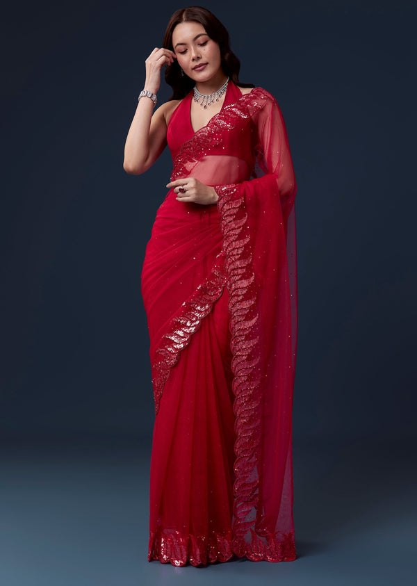 Red Net Saree With Beads And Sequin Embroidery