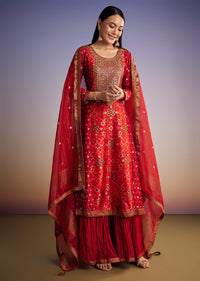 Red Patola And Bandhani Print Kurta Set With Banarasi Dupatta