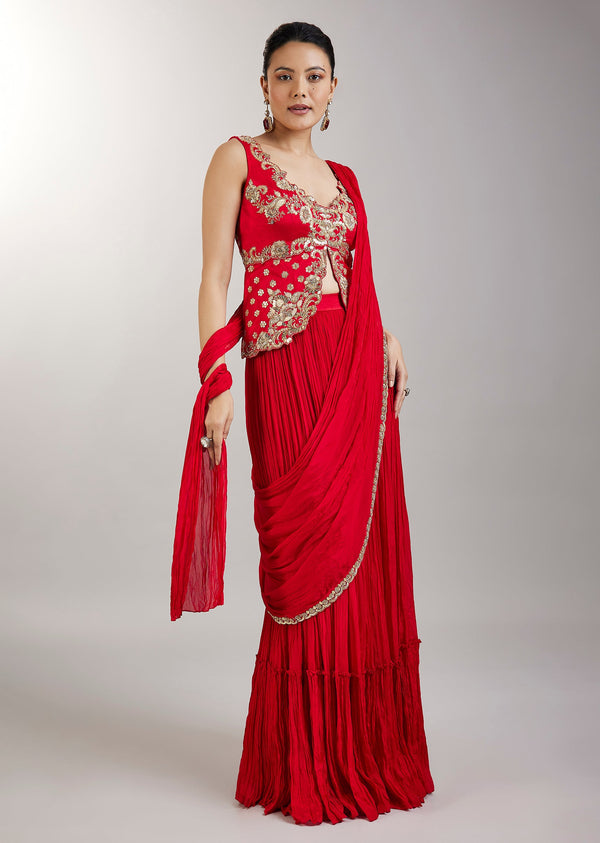 Red Pre Draped Saree With Zardosi Blouse