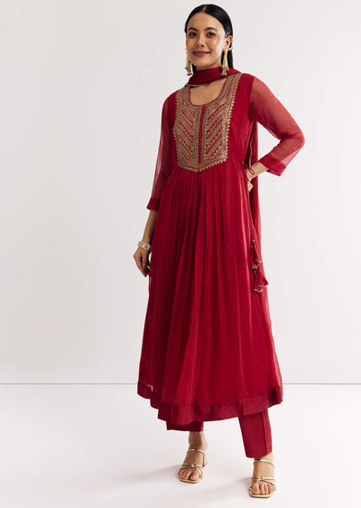 Red Printed Chiffon Sequin Kurta Set With Dupatta
