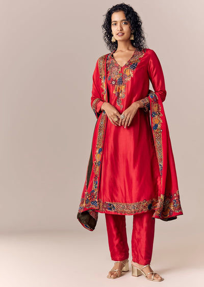 Red Printed Kurta Pant Set With Dupatta