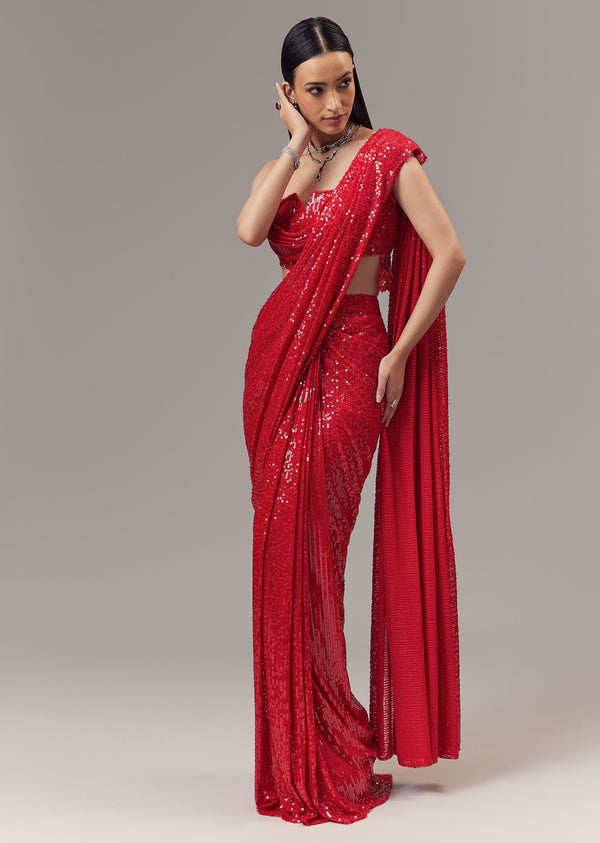 Red Ready Pleated Indo Western Shimmer Saree With Cowl Neckline Blouse