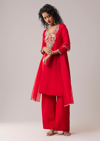 Red Resham Work Silk Kurta Palazzo Set