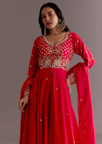Red Russian Silk Front Slit Cutdana Beaded Kurta Set With Dupatta