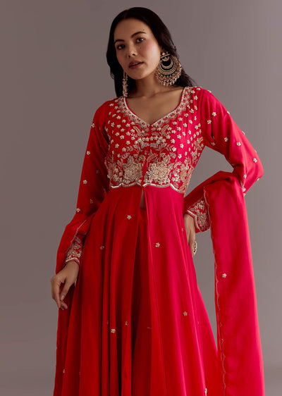 Red Russian Silk Front Slit Cutdana Beaded Kurta Set With Dupatta