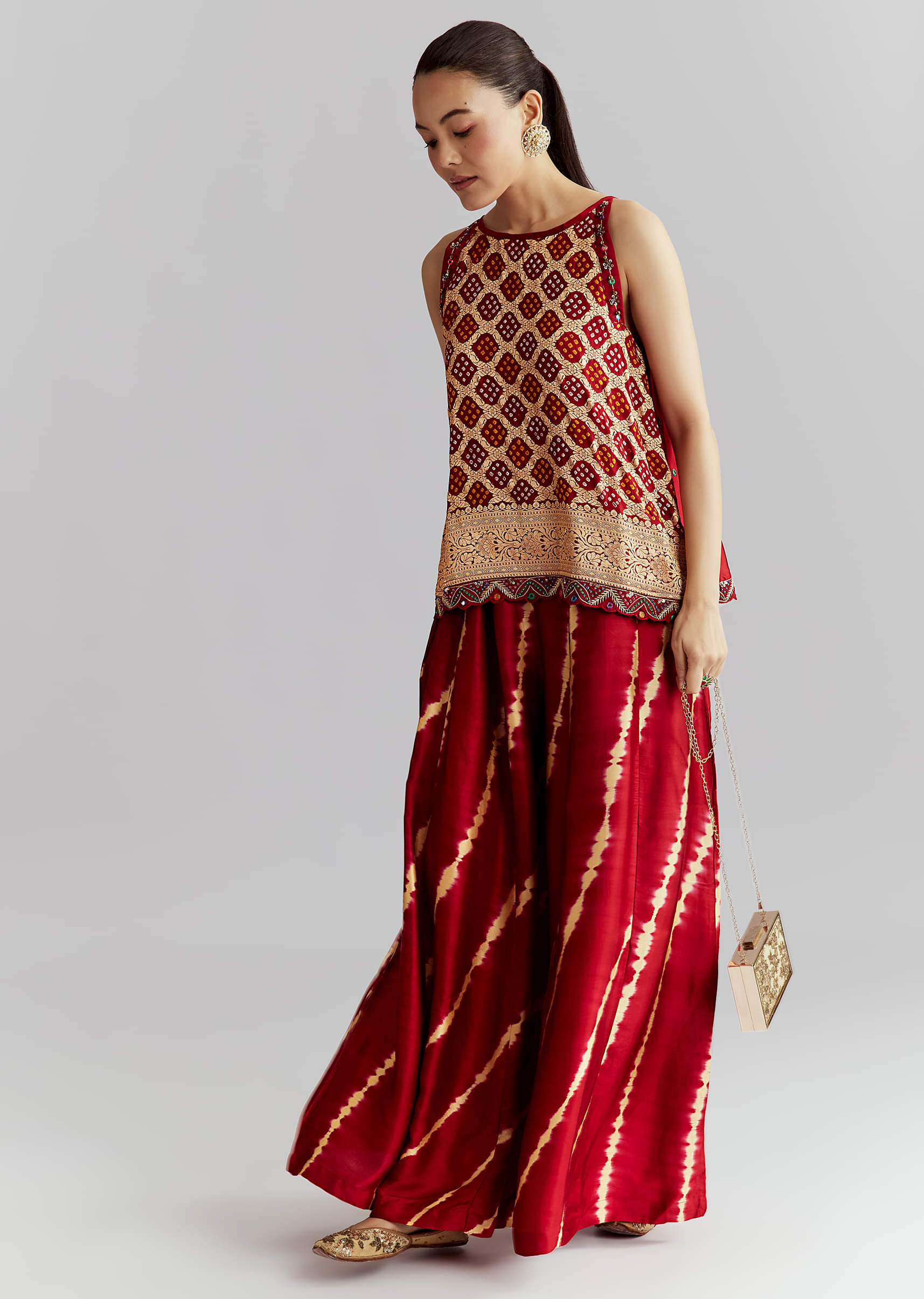 Red Satin Co Ord Set With Bandhani And Leheriya Print