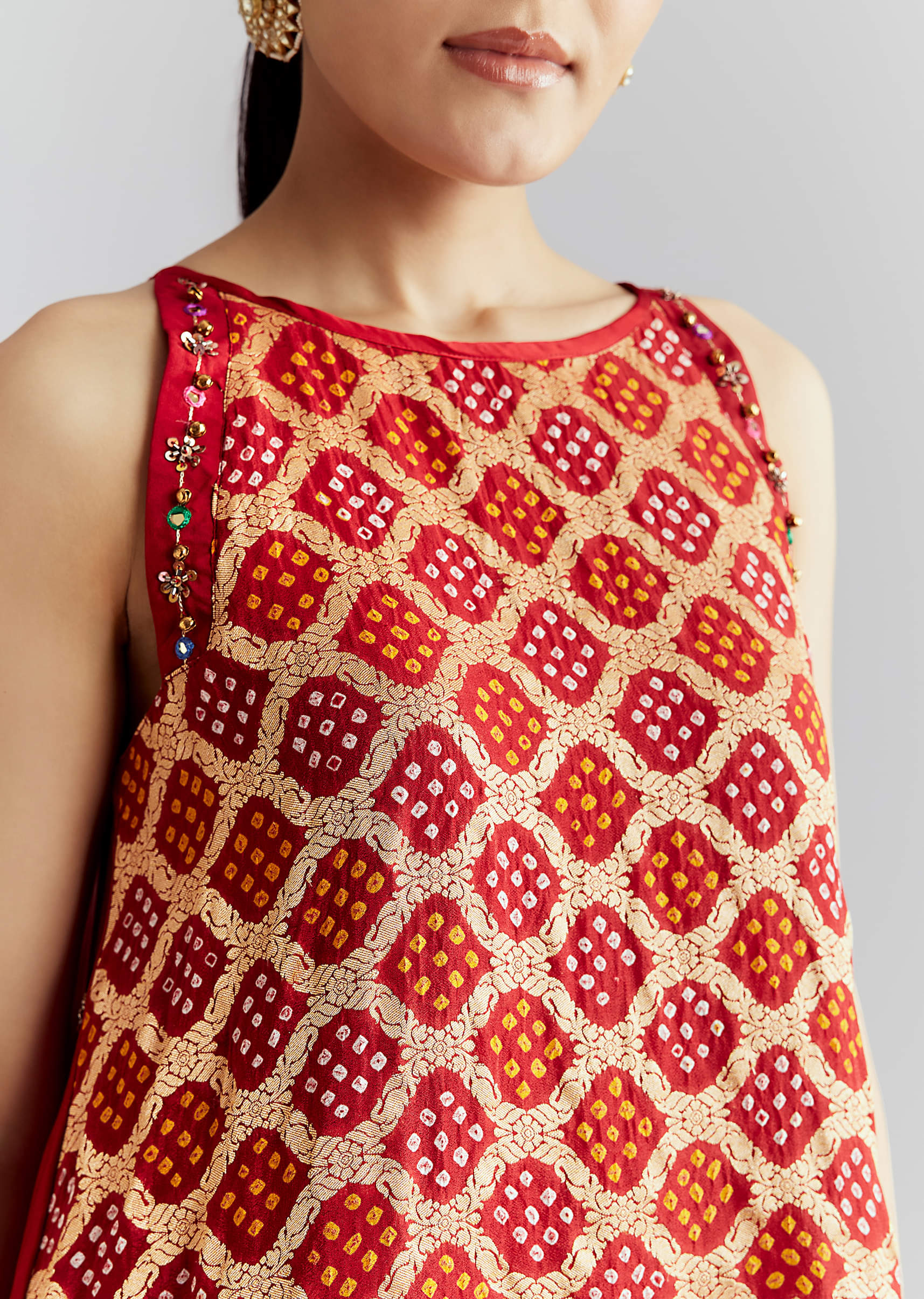 Red Satin Co Ord Set With Bandhani And Leheriya Print