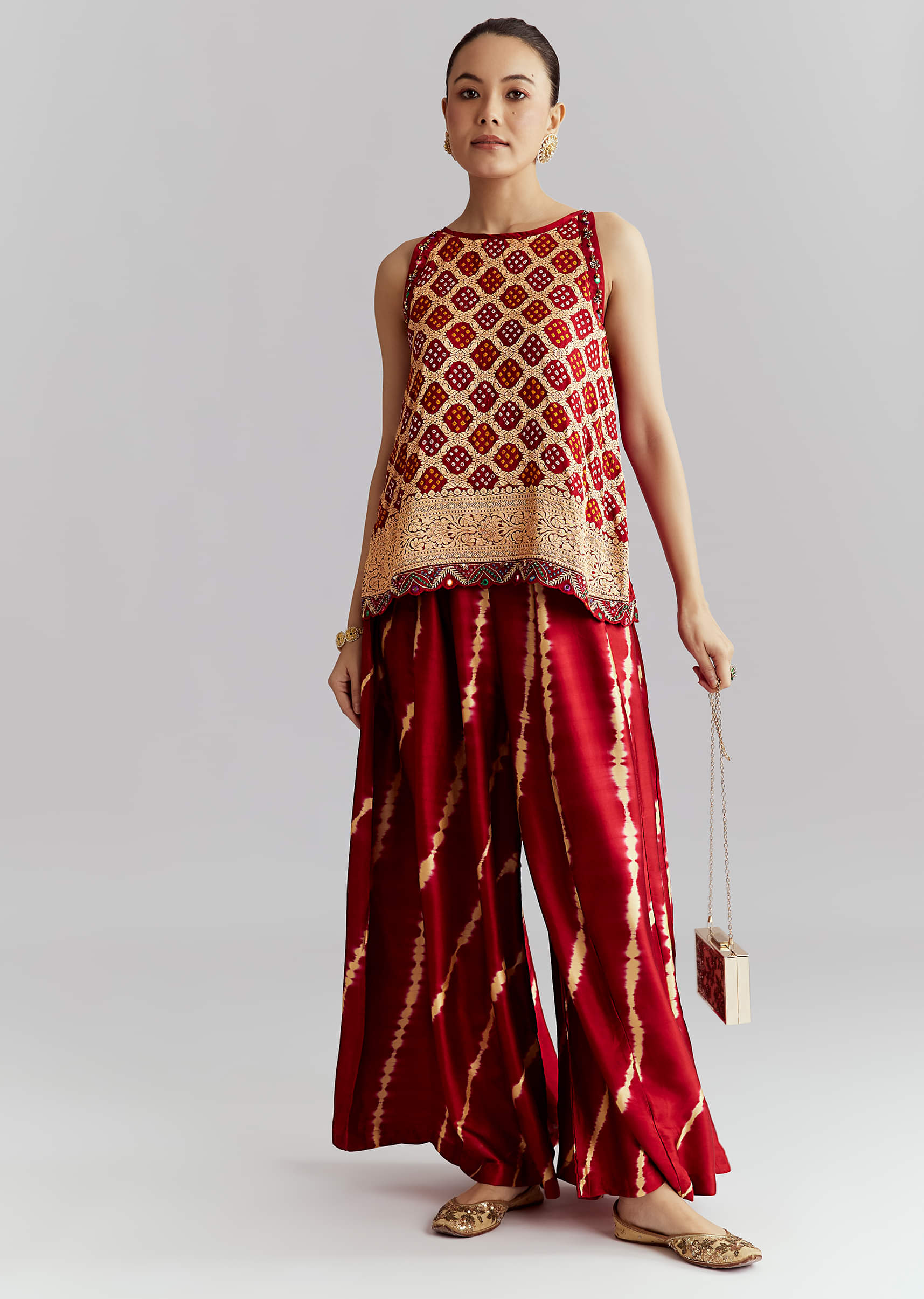 Red Satin Co Ord Set With Bandhani And Leheriya Print
