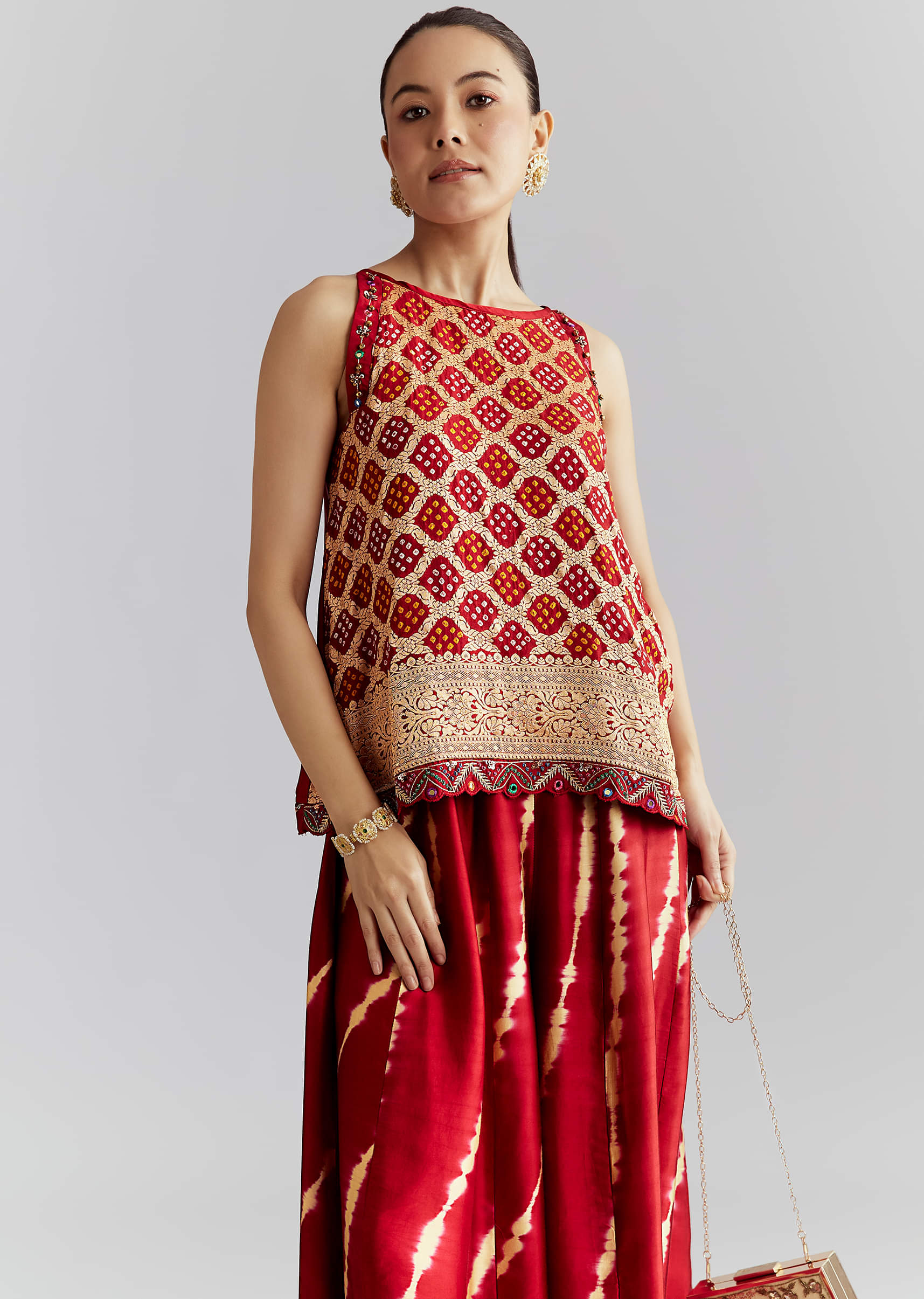Red Satin Co Ord Set With Bandhani And Leheriya Print