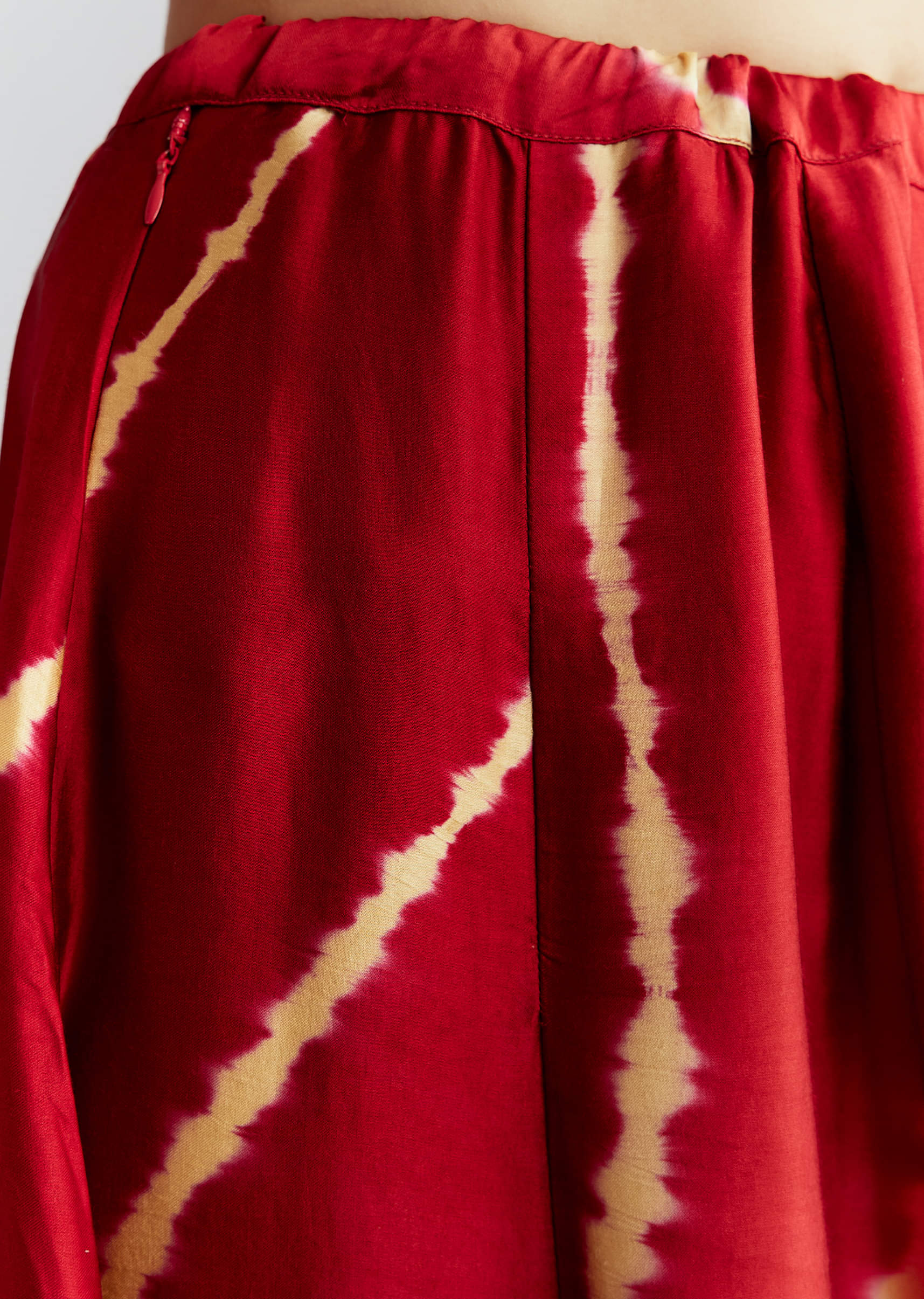 Red Satin Co Ord Set With Bandhani And Leheriya Print