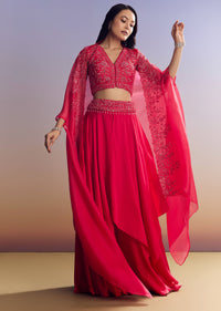 Red Satin Crop Top Set With Embroidered Organza Cape