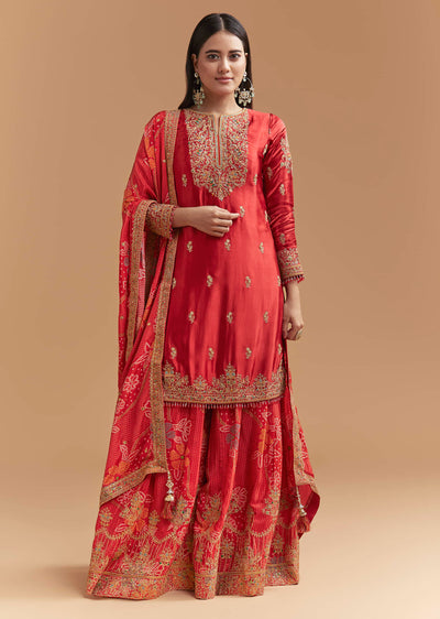 Red Satin Palazzo Suit With Heavy Hand Embroidery