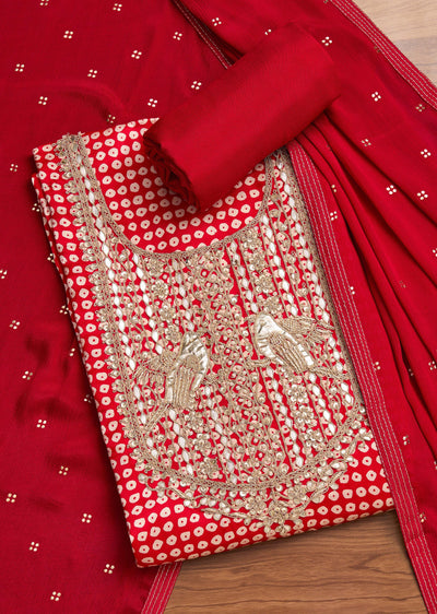 Red Satin Printed Unstitched Suit With Dupatta and Bottom Fabric