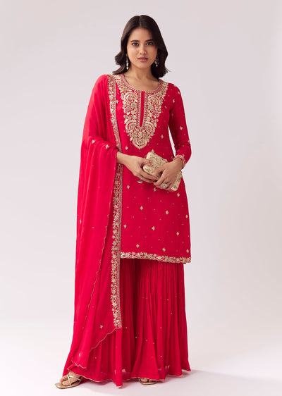 Red Sharara Set With Zari Sequin Detailing