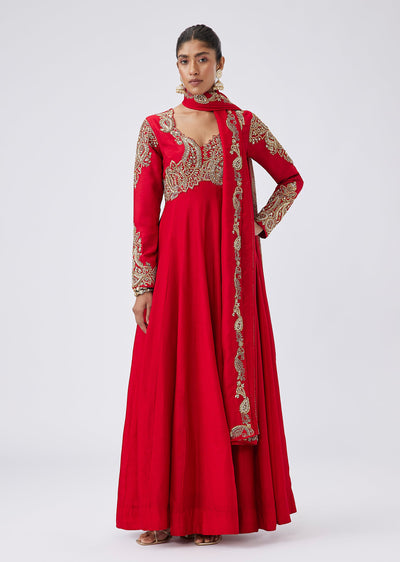 Red Silk Embroidered Anarkali Suit With Dupatta