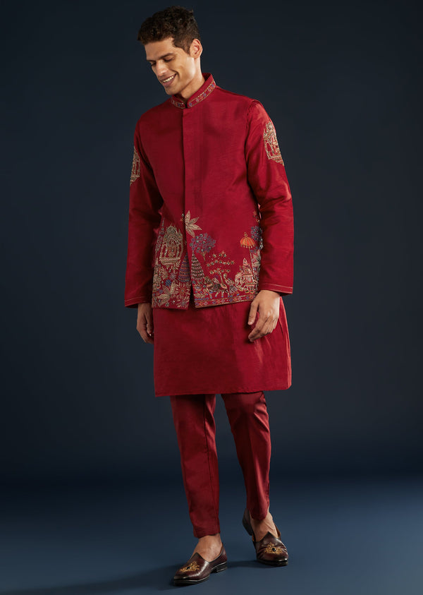 Red Silk Jacket Kurta Set With Cutdana Work