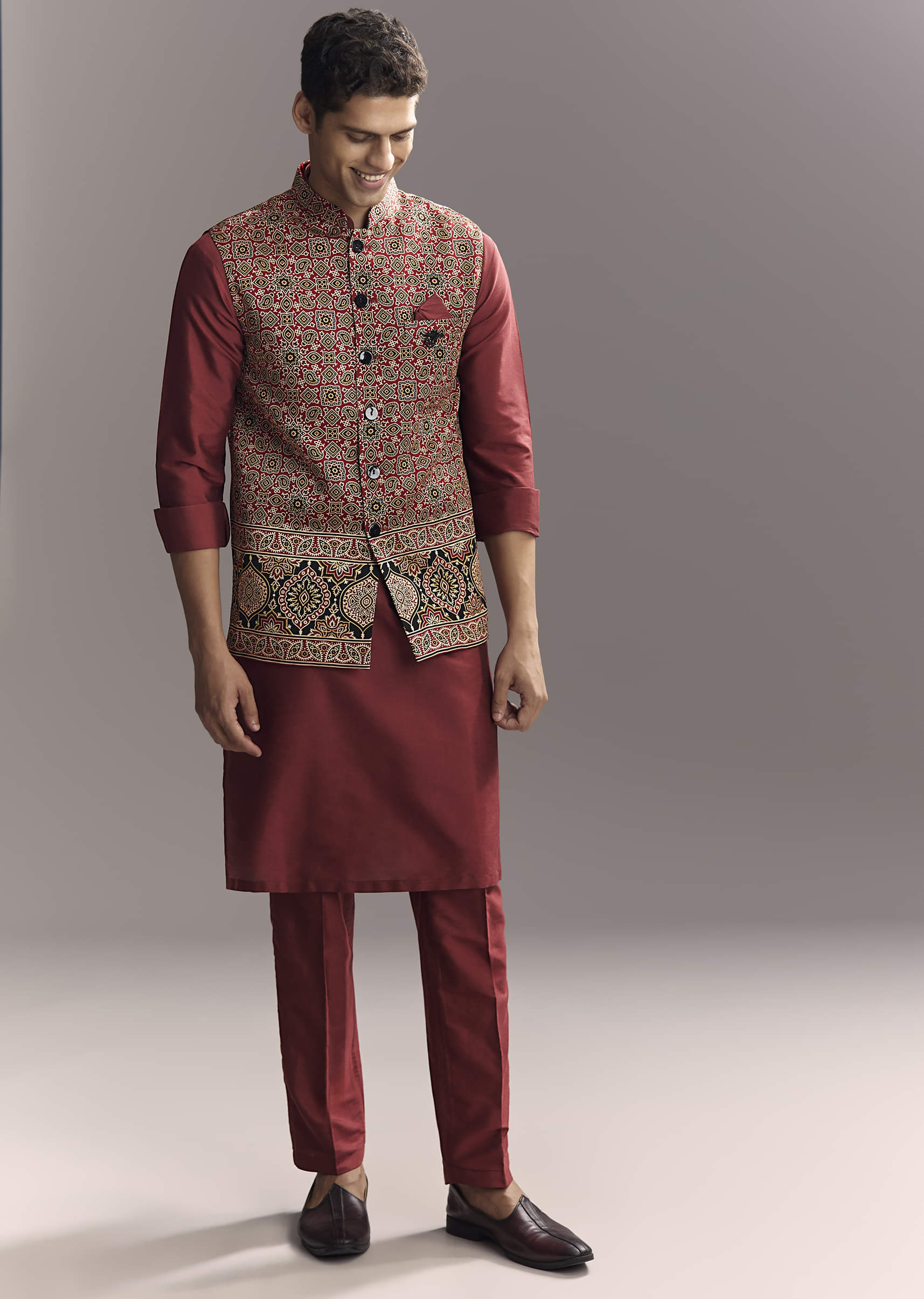 Red Silk Kurta Jacket Set For Men With Hand Block Ajrakh Print