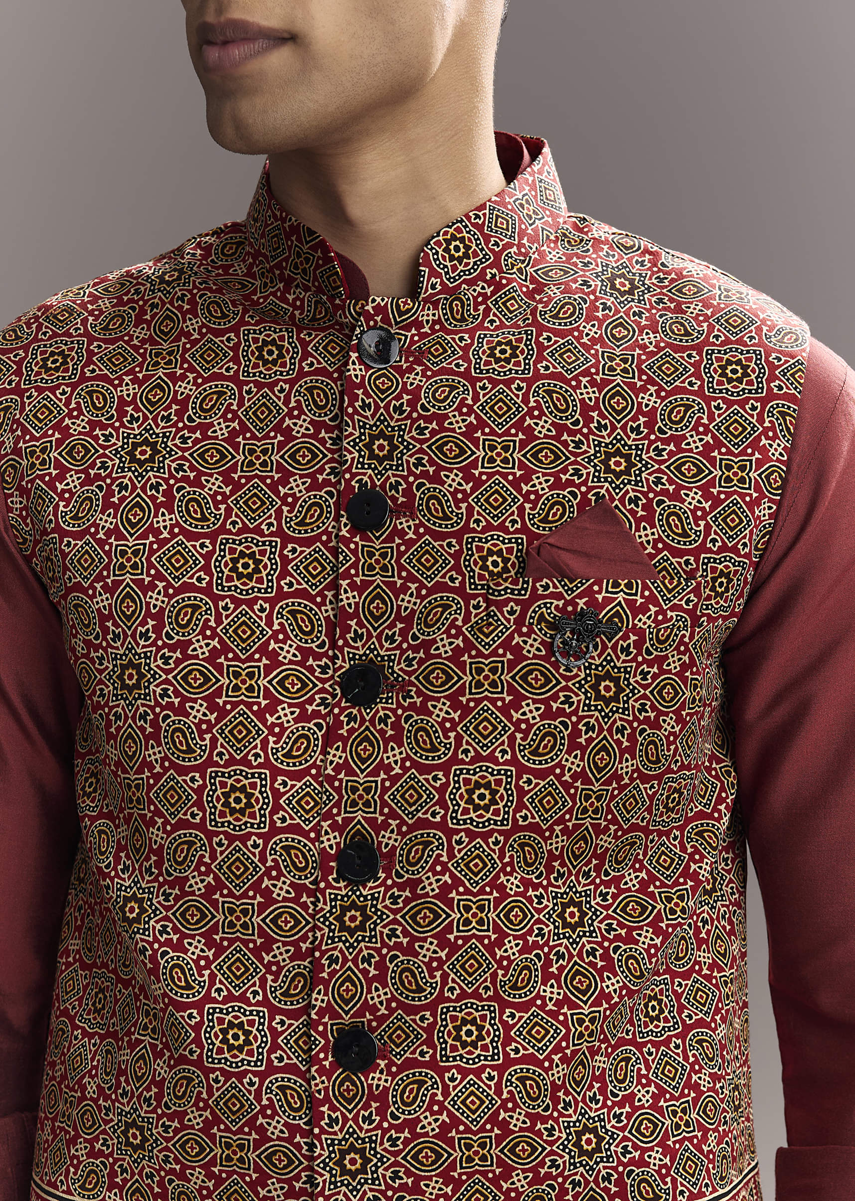 Red Silk Kurta Jacket Set For Men With Hand Block Ajrakh Print