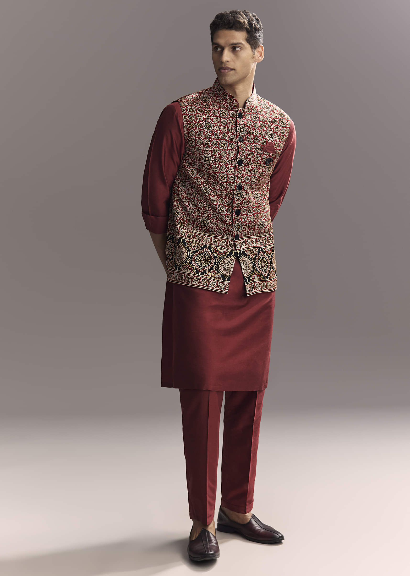 Red Silk Kurta Jacket Set For Men With Hand Block Ajrakh Print