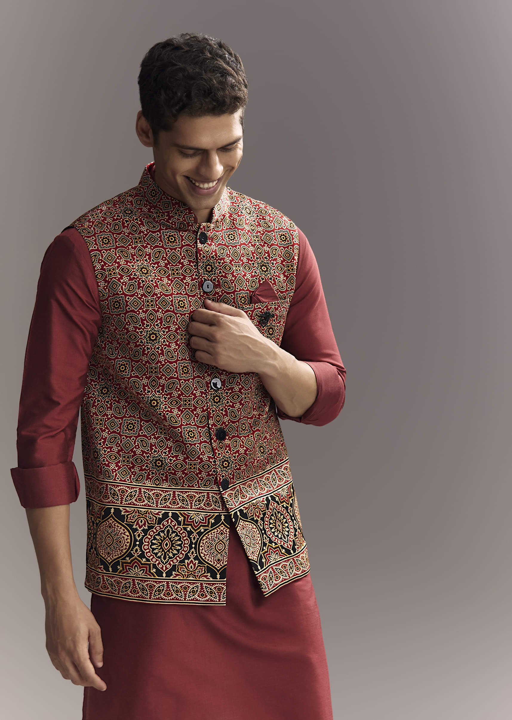 Red Silk Kurta Jacket Set For Men With Hand Block Ajrakh Print
