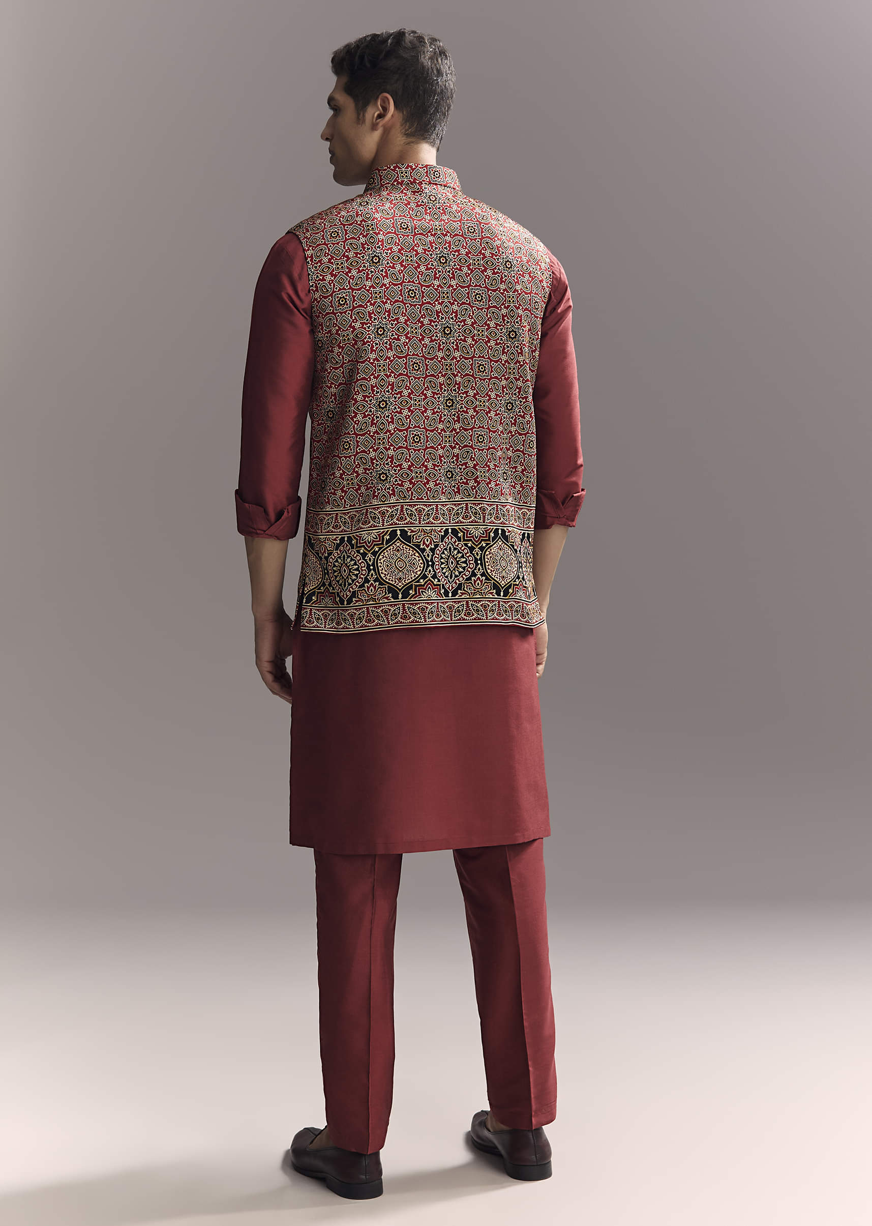 Red Silk Kurta Jacket Set For Men With Hand Block Ajrakh Print