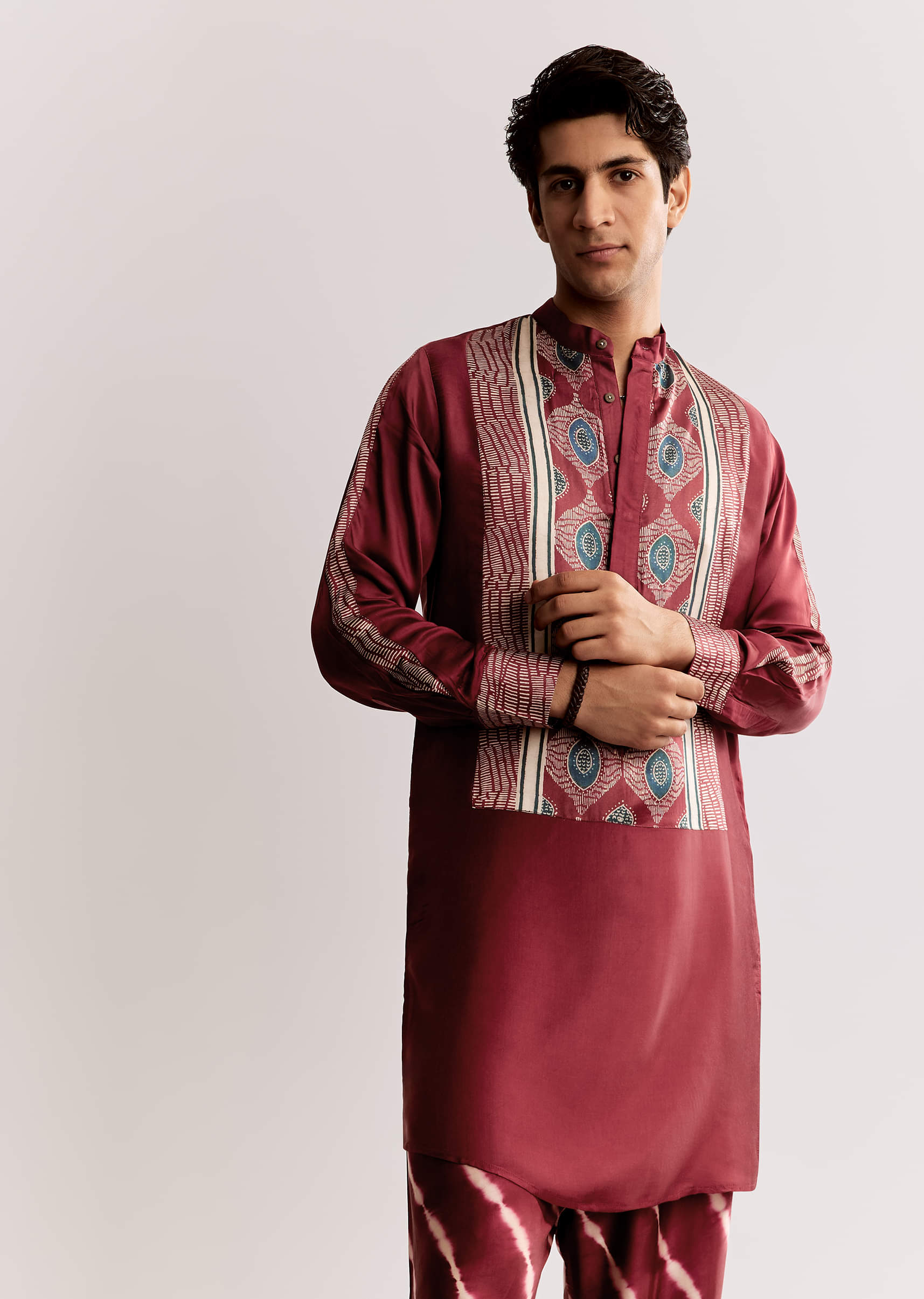 Red Silk Kurta Set With Ajrakh Print